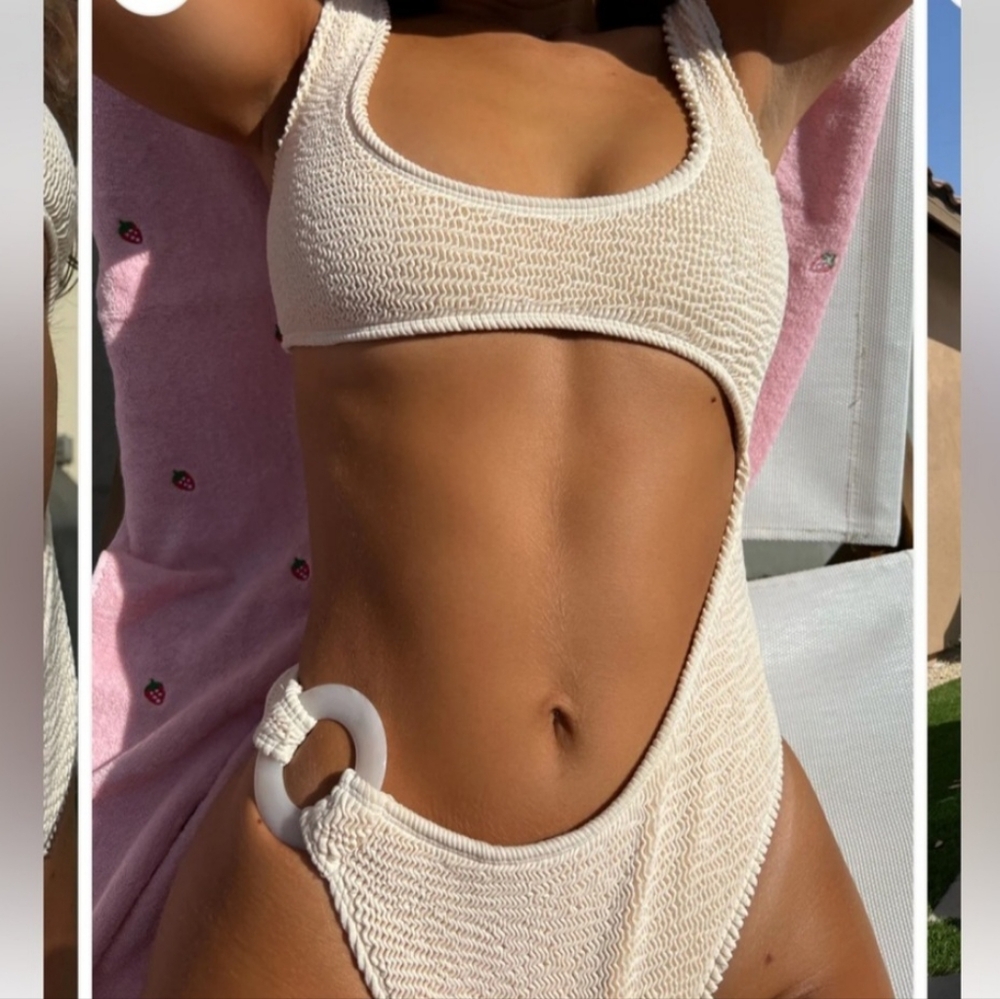 Strawberry Milk Mob Cream Textured Cutout One-Piece Swimsuit with Ring Detail